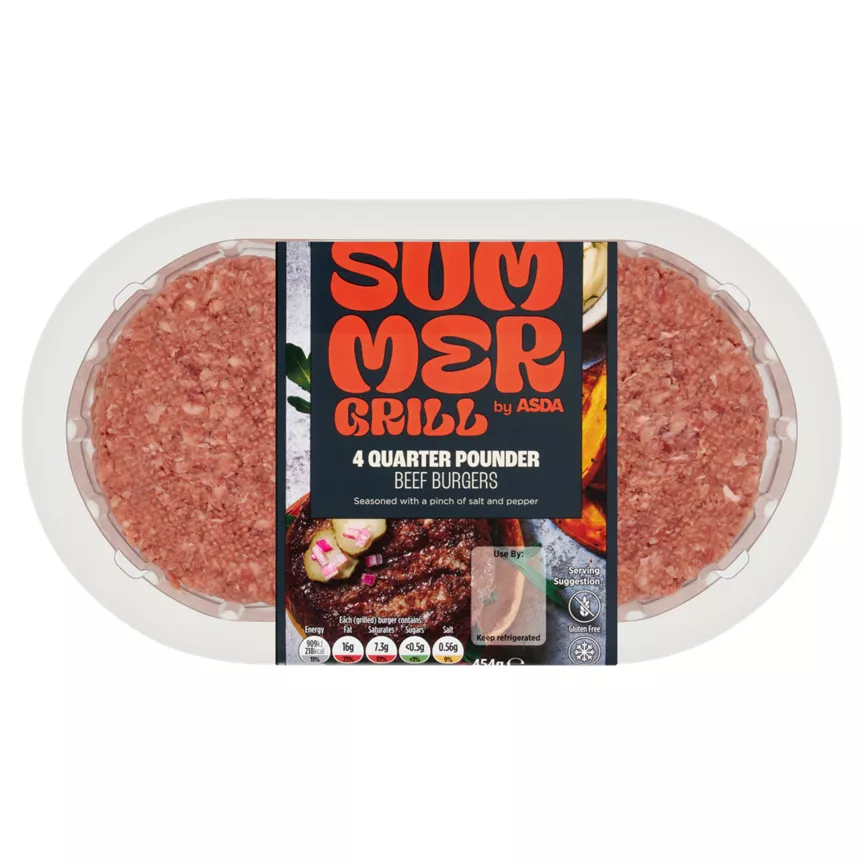 SUMMER GRILL by ASDA Succulent 4 Quarter Pounder Beef Burgers