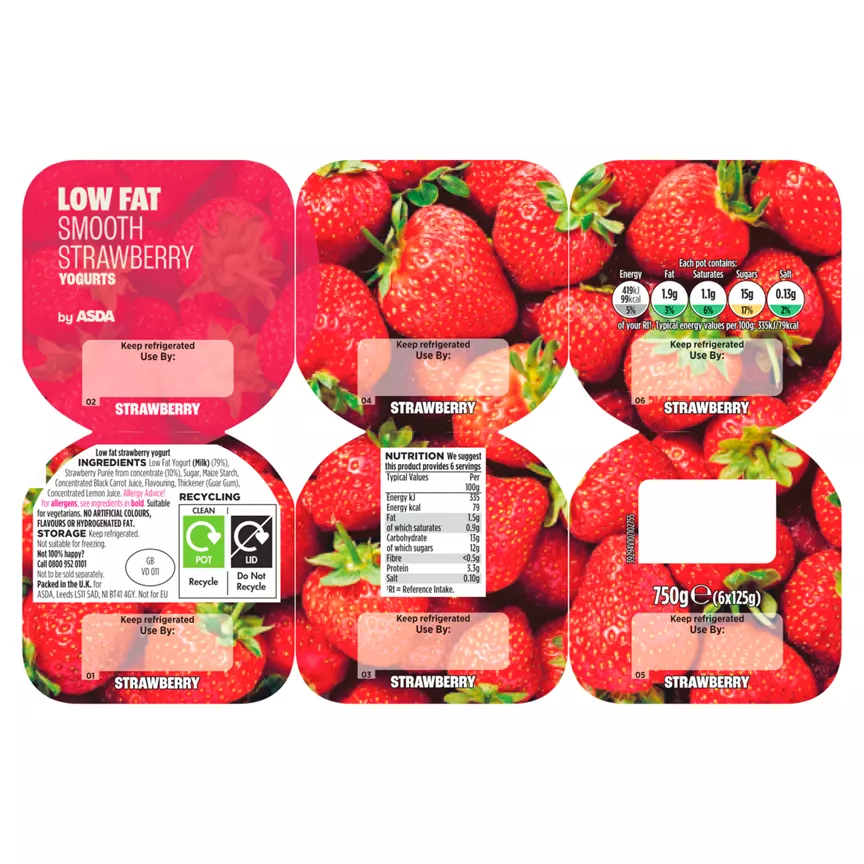 ASDA 6x125g Low Fat Smooth Strawberry Yogurts