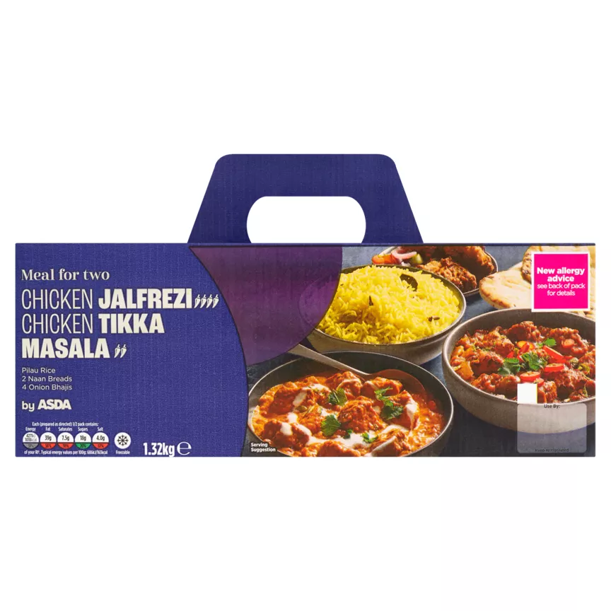 ASDA Meal For Two Chicken Jalfrezi Chicken Tikka Masala Pilau Rice 2 Naan Breads 4 Onion Bhaajis