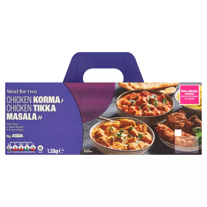 ASDA Meal For Two Chicken Korma Chicken Tikka Masala Pilau Rice 2 Naan Breads 4 Onion Bhajis