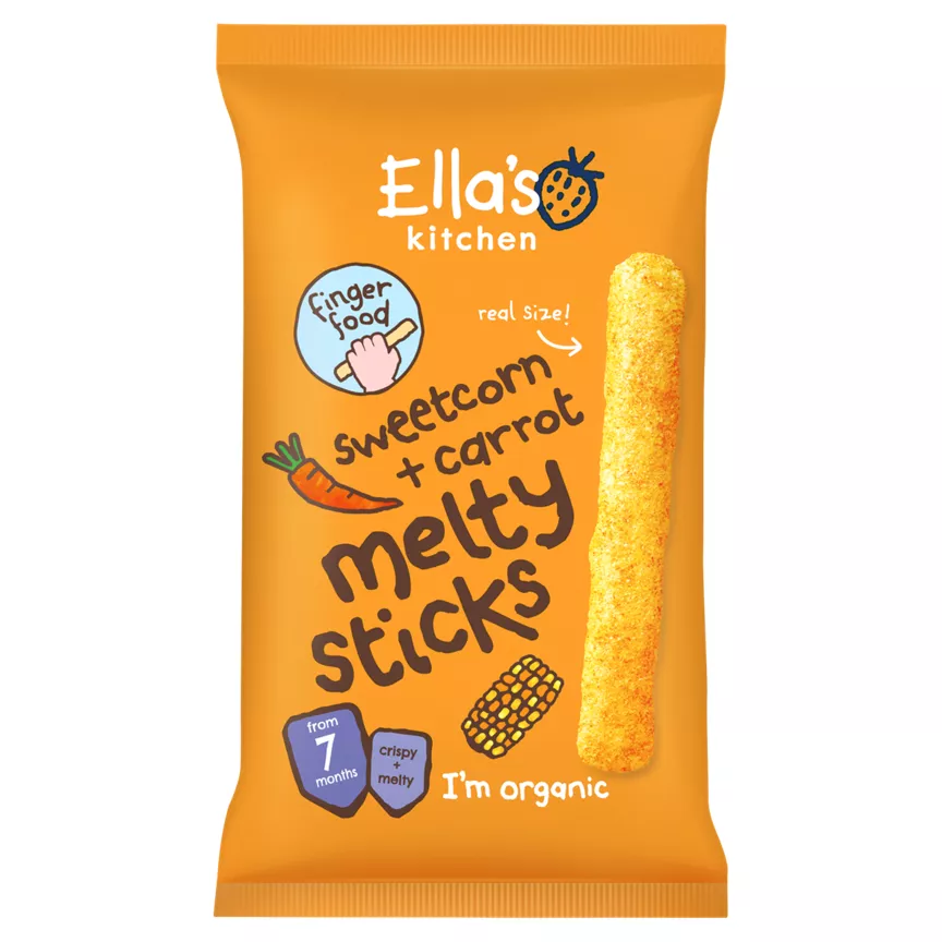 Ella's Kitchen Organic Sweetcorn and Carrot Melty Sticks Baby Snack 7+ Months