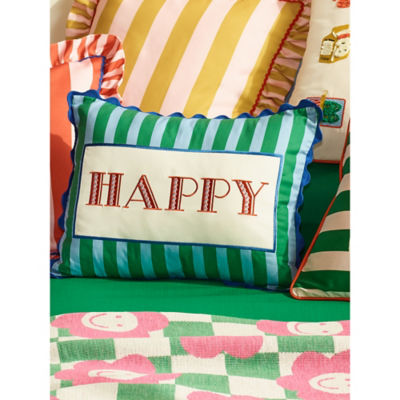 Green Stripe Embroidered 'Happy' Slogan Cushion 45x35