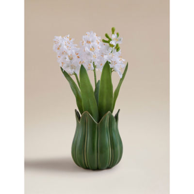 White Artificial Hyacinths In Green Ceramic Pot