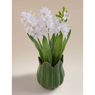 White Artificial Hyacinths In Green Ceramic Pot thumbnail 3