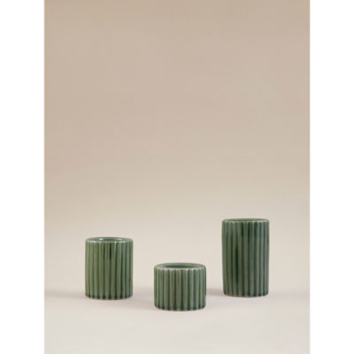 Green Glaze Ribbed Tealight Holders - Set of 3