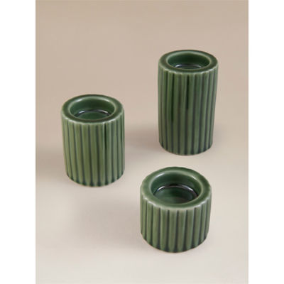 Green Glaze Ribbed Tealight Holders - Set of 3 thumbnail 3