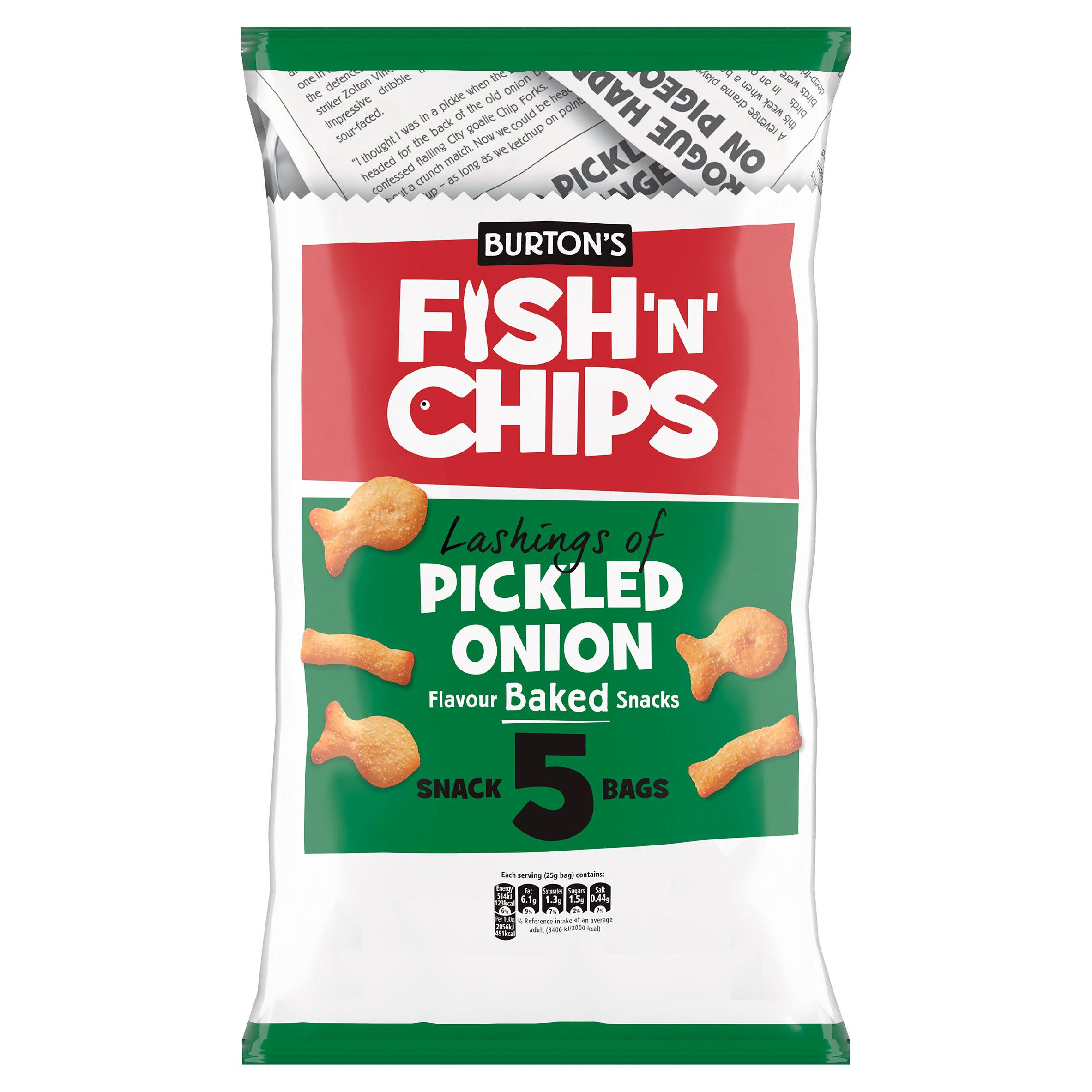 Burton's Fish 'n' Chips Lashings of Pickled Onion Flavour Baked Snacks 5 Bags 125g