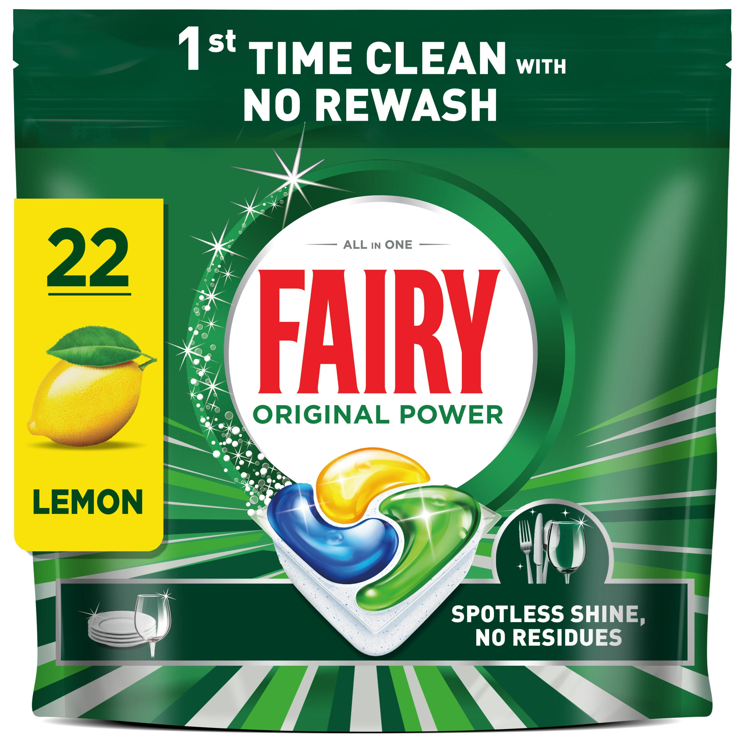 Fairy Original Power  Dishwasher Tablets, Lemon, 22 Capsules