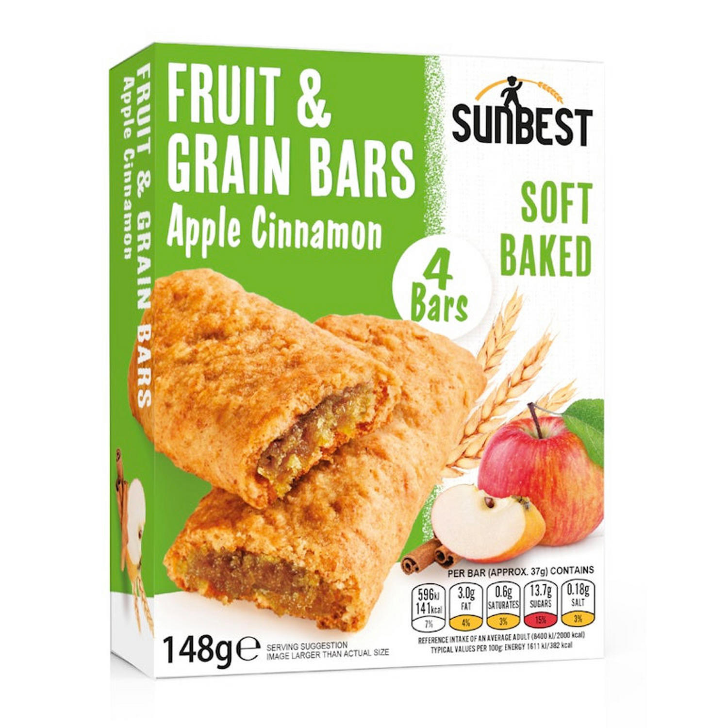Sunbest 4 Pack Apple & Cinnamon Fruit & Grain Bars (4x 37g)