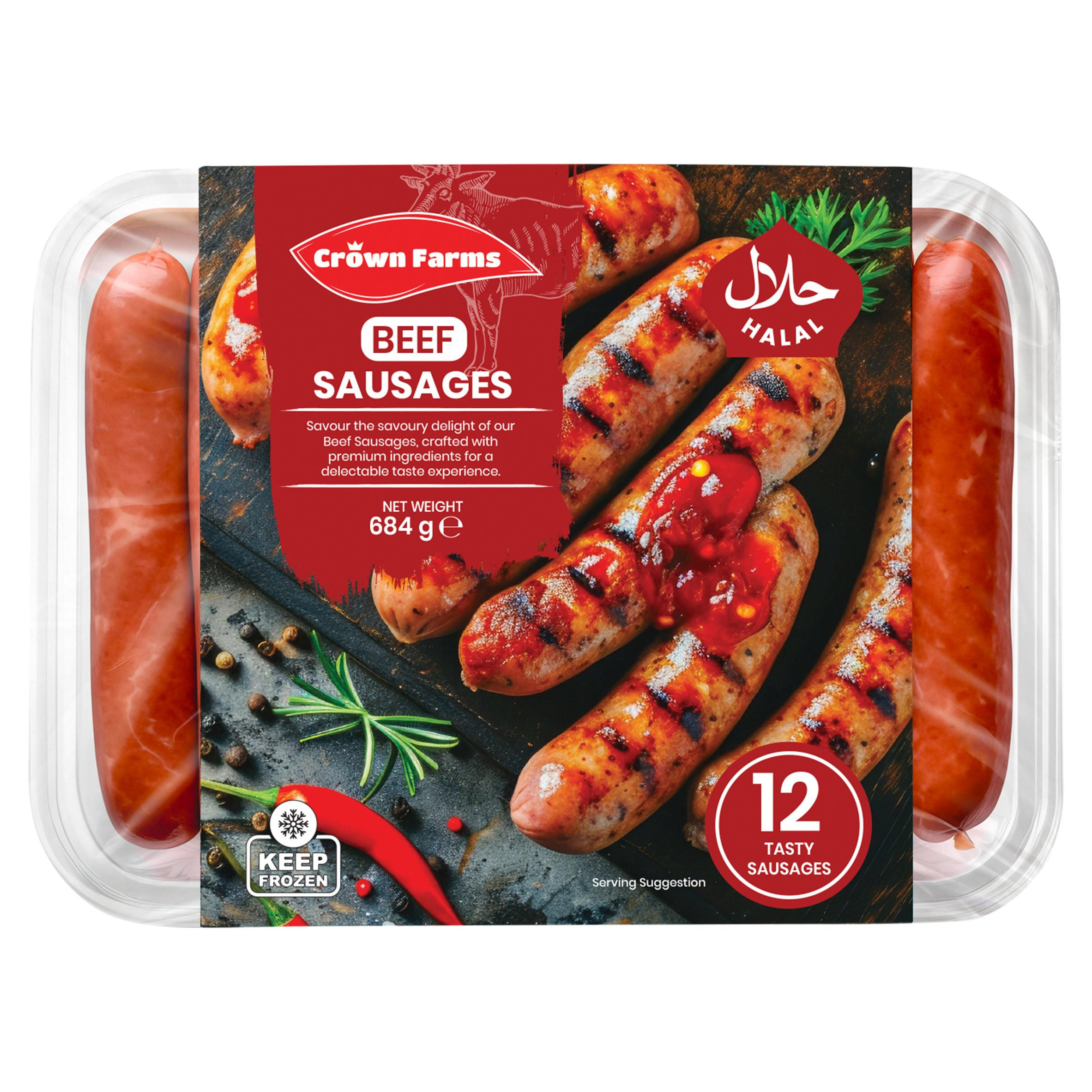 Crown Farms 12 Beef Sausages 684g