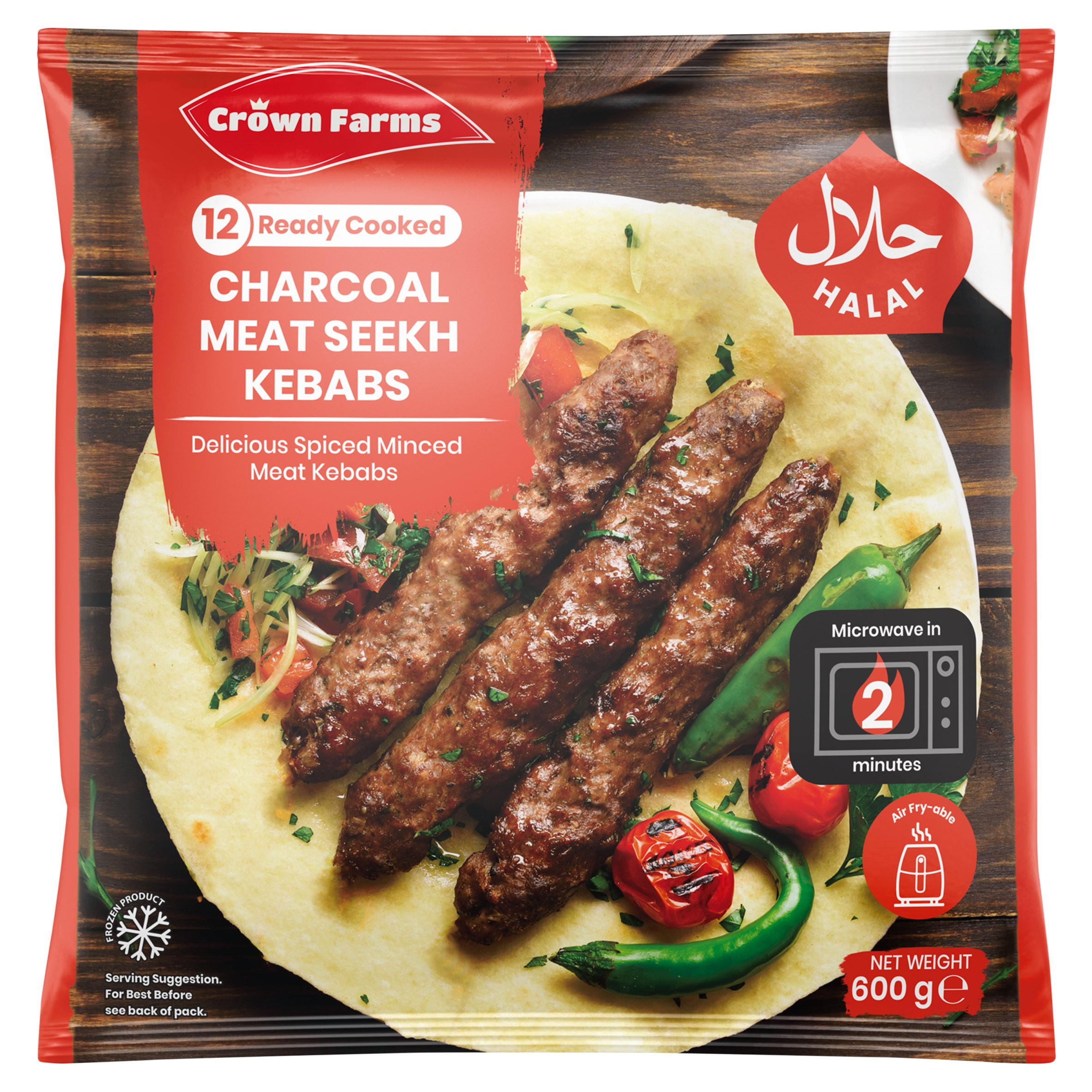 Crown Farms 12 Ready Cooked Charcoal Meat Seekh Kebabs 600g