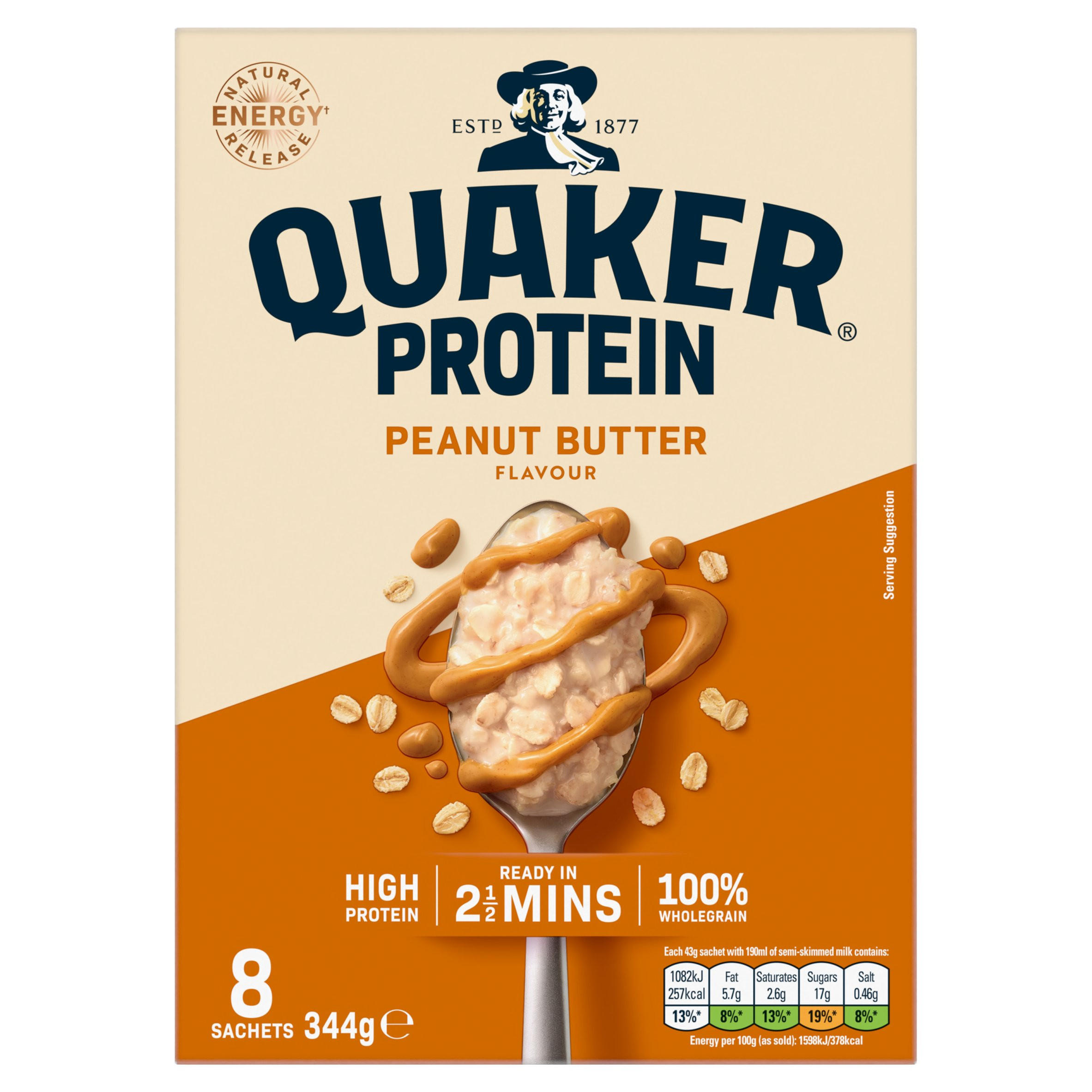 Quaker High in Protein Peanut Butter Porridge Sachets 8x43g