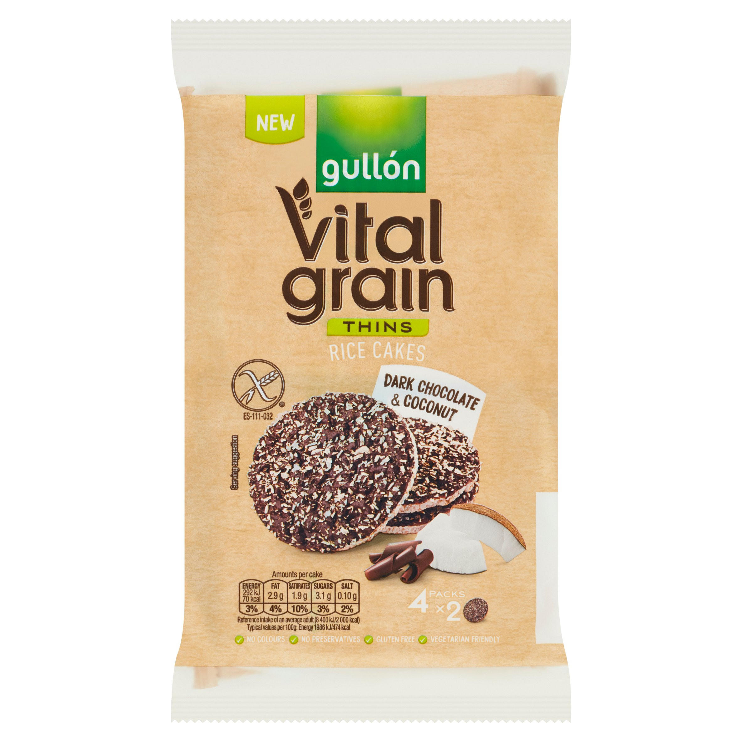 Gullón Vital Grain Thins Rice Cakes Dark Chocolate & Coconut 4 x 29.4g (117.6g)