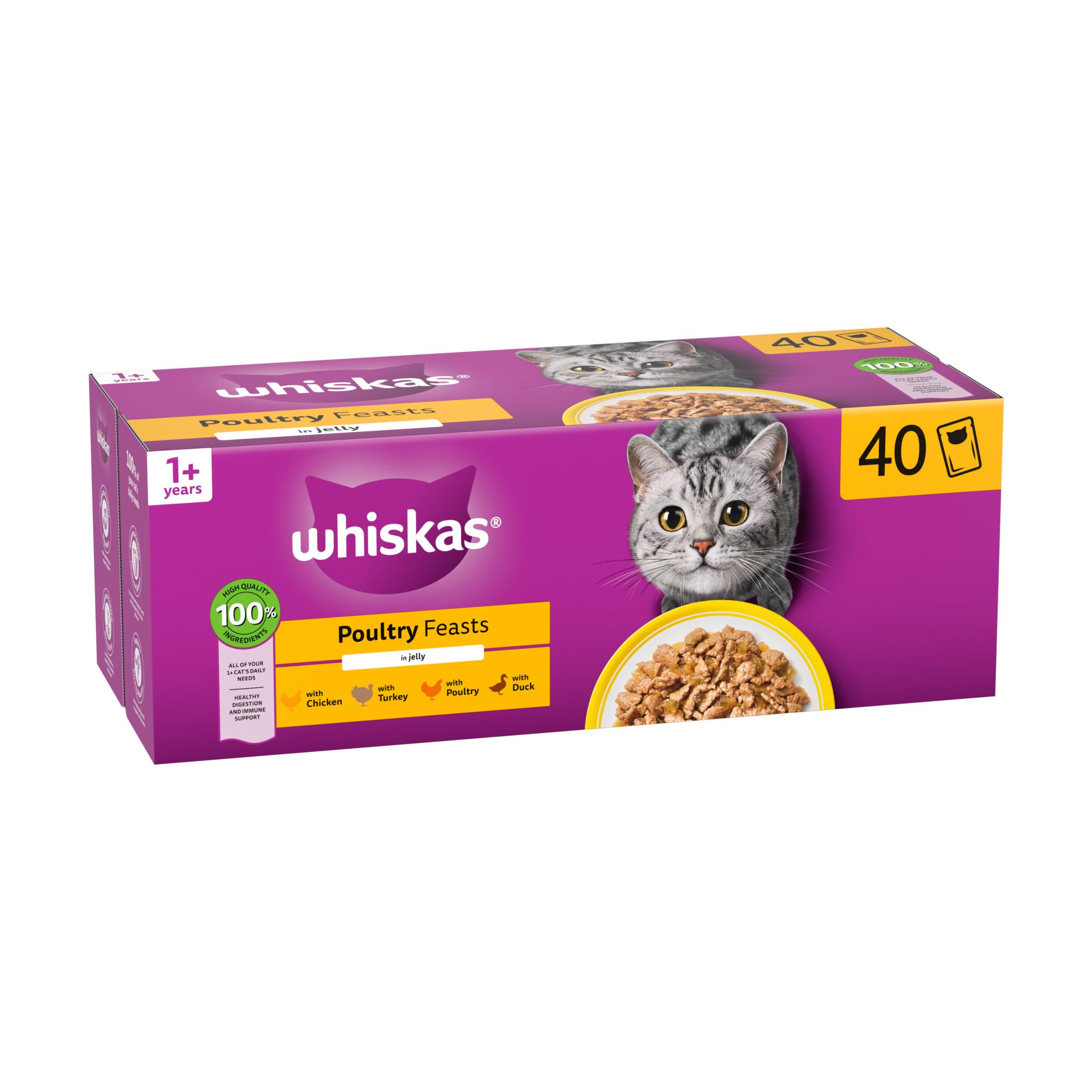 WHISKAS 1+ POULTRY Feasts Wet Cat Food Pouches in Jelly 40 x 85g