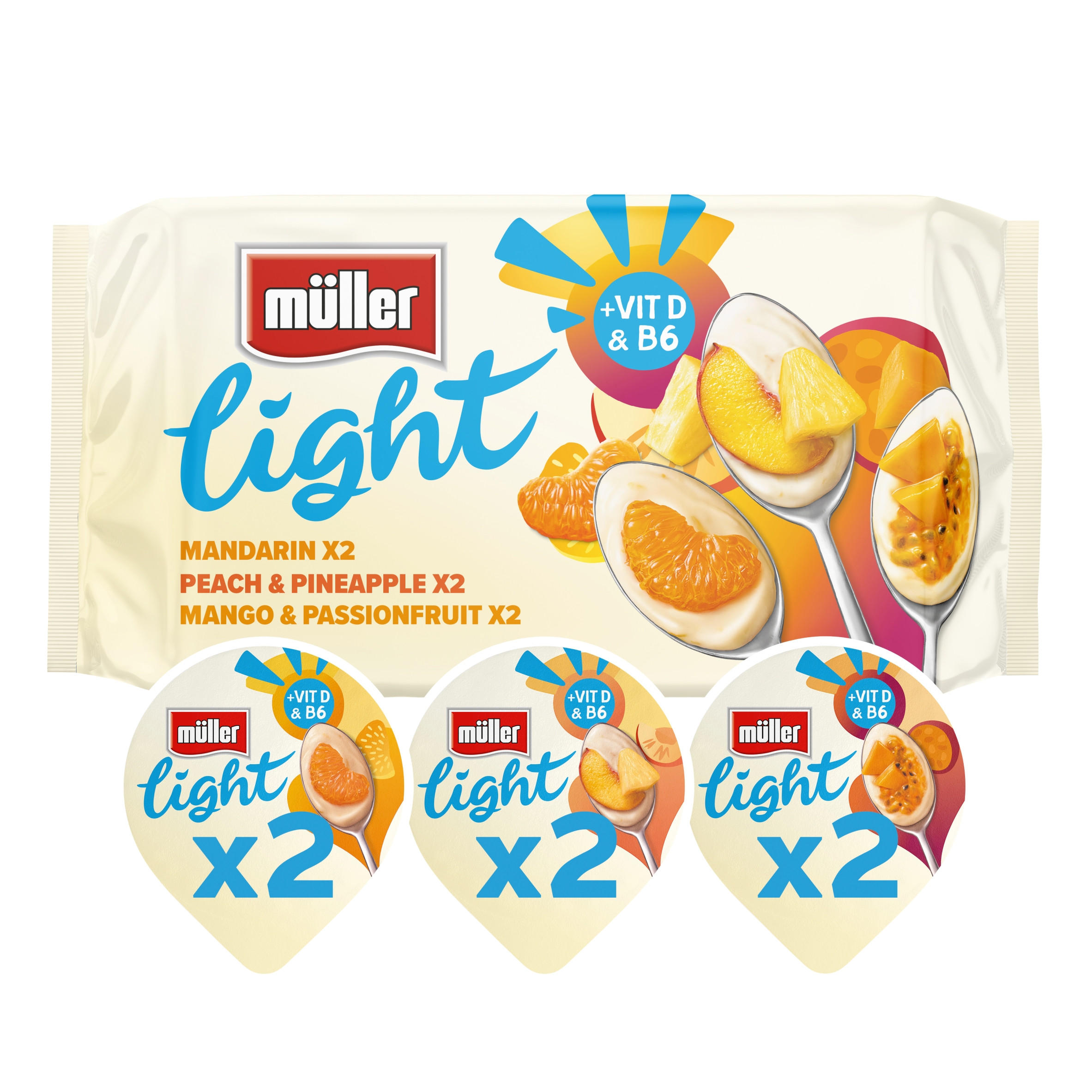 Muller Light Mandarin, Peach & Pineapple and Mango & Passionfruit Fat Free Yogurts