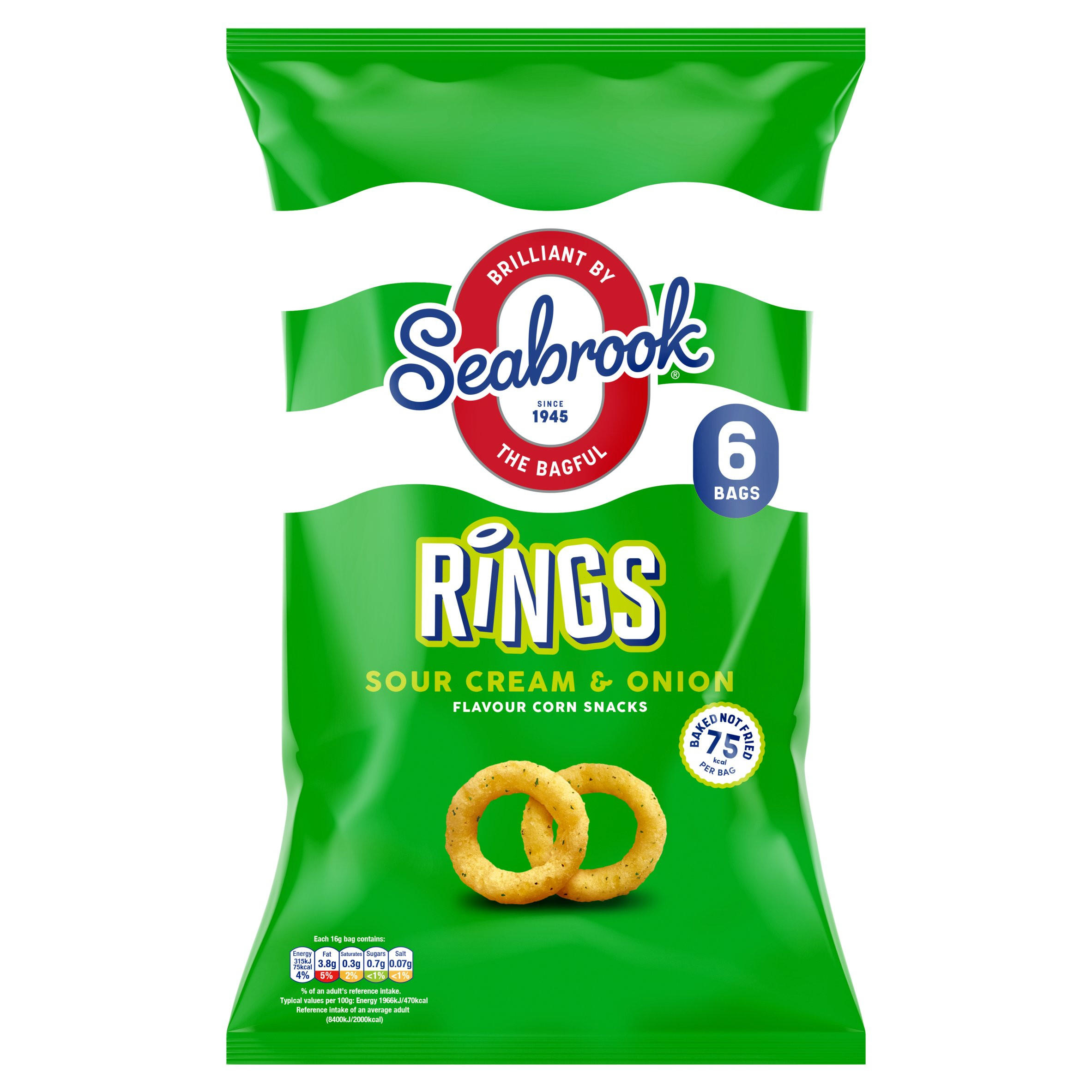 Seabrook Rings Sour Cream & Onion Flavour Corn Snacks 6 x 16g