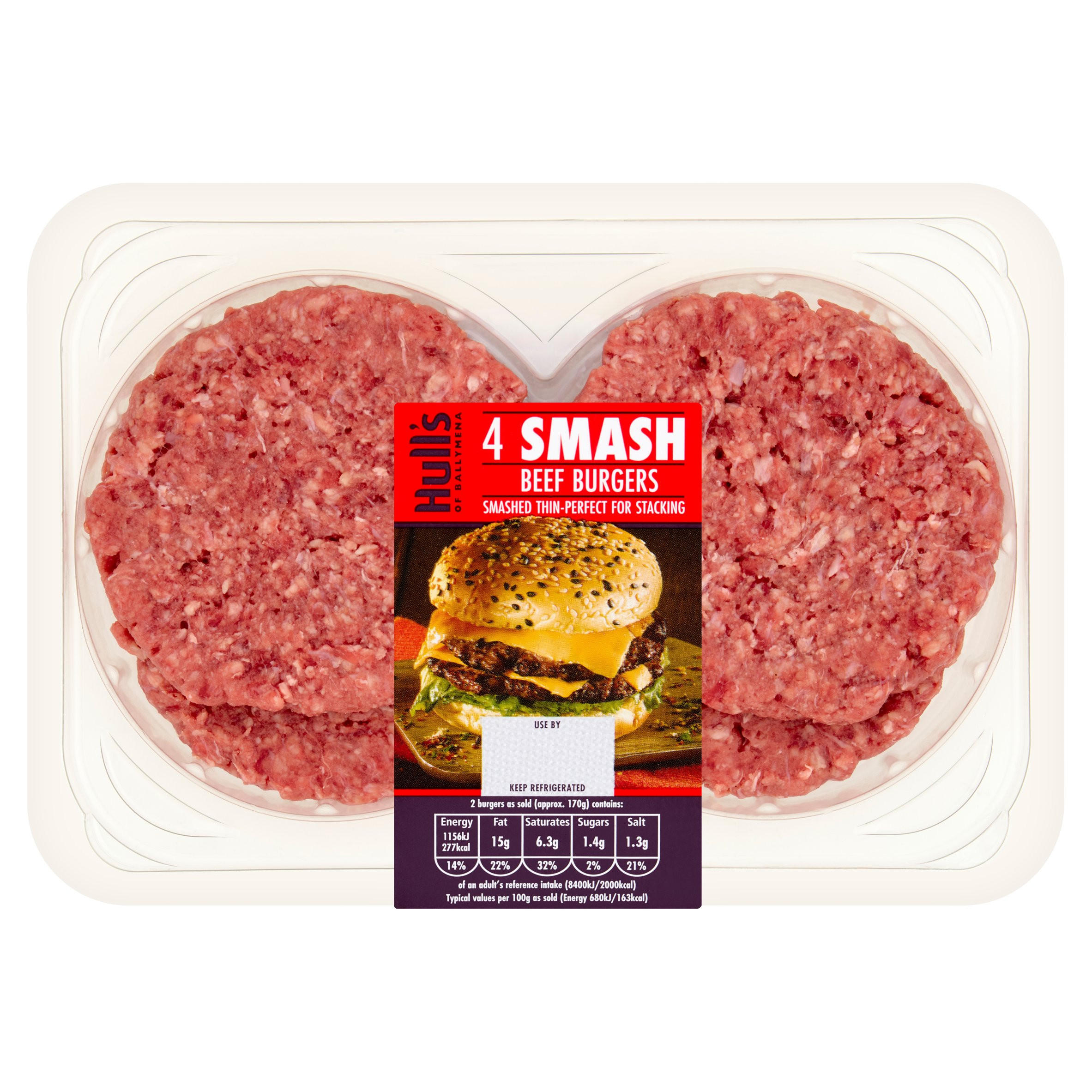 Hull's of Ballymena 4 Smash Beef Burgers 340g