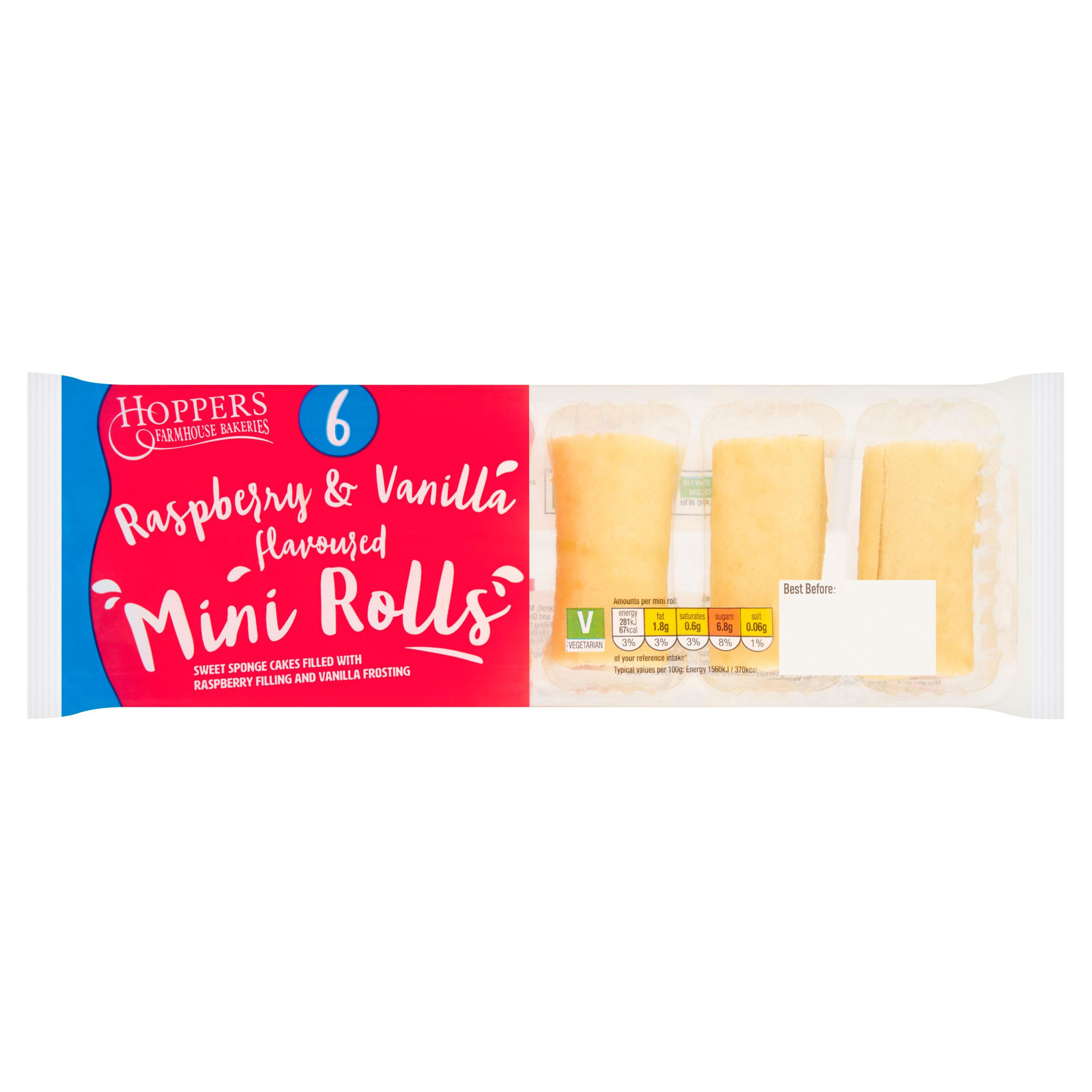 Hoppers Farmhouse Bakeries 6 Raspberry & Vanilla Flavoured Mini Rolls