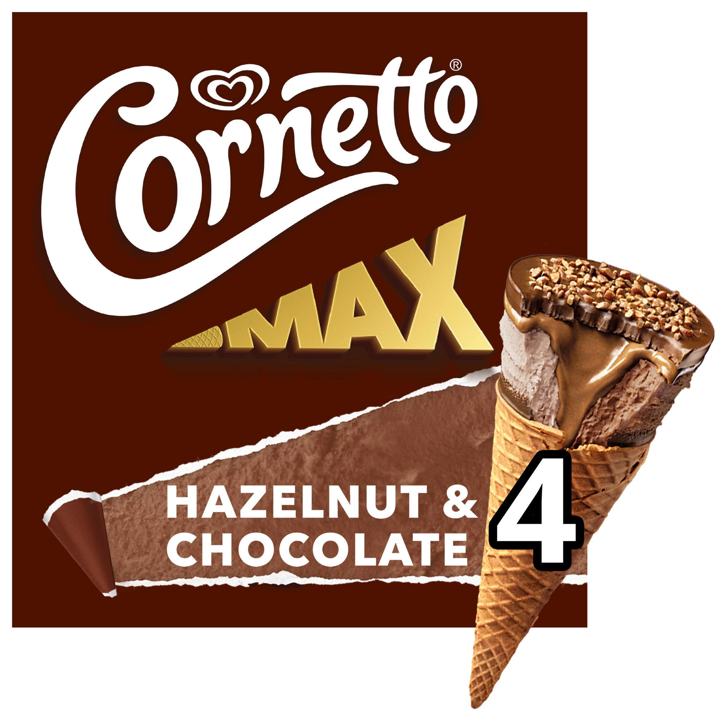 Cornetto MAX Hazelnut & Chocolate Ice Cream Cones 4x 90 ml