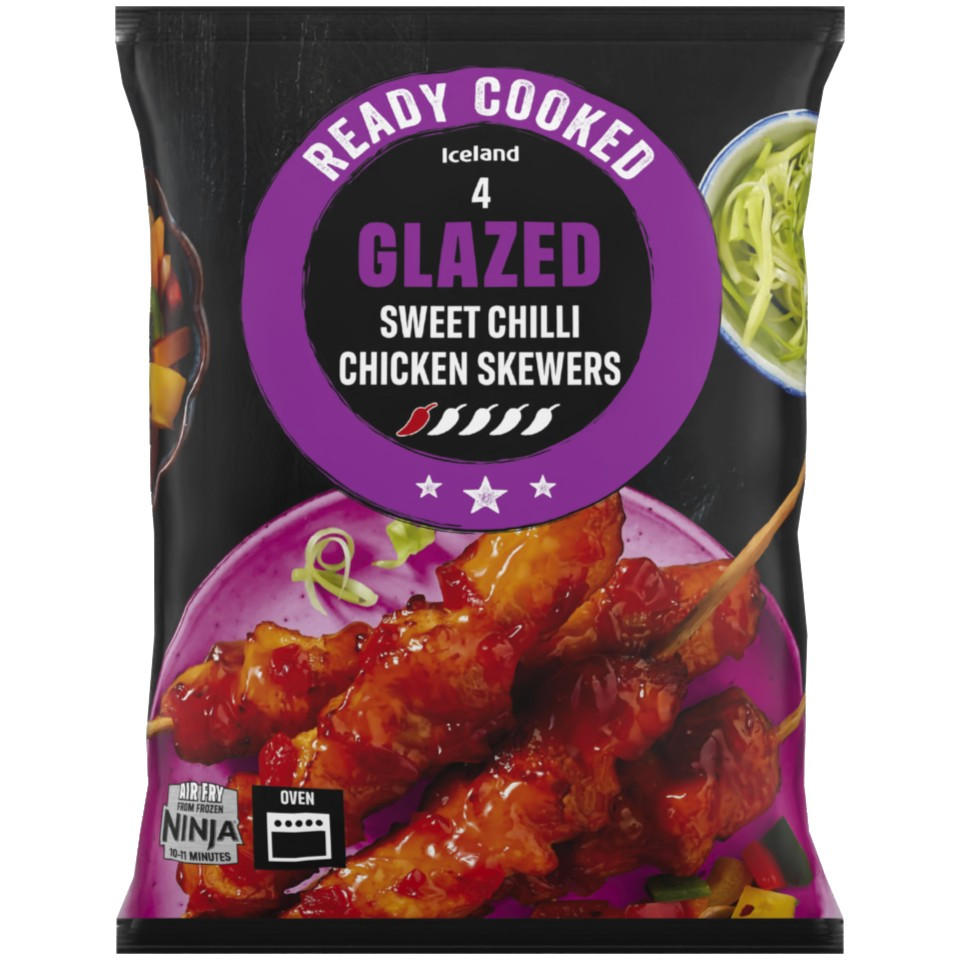 Iceland Ready Cooked 4 Sweet Chilli Glazed Chicken Skewers 340g