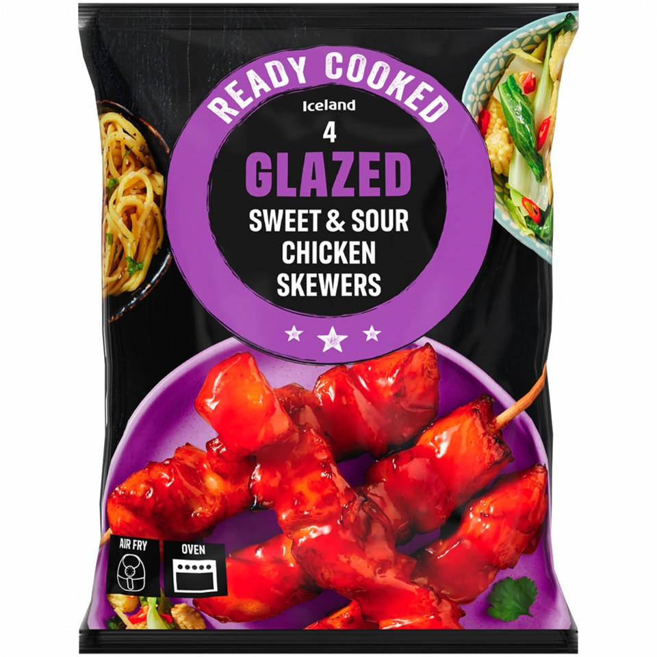 Iceland Ready Cooked 4 Sweet & Sour Glazed Chicken Skewers 340g