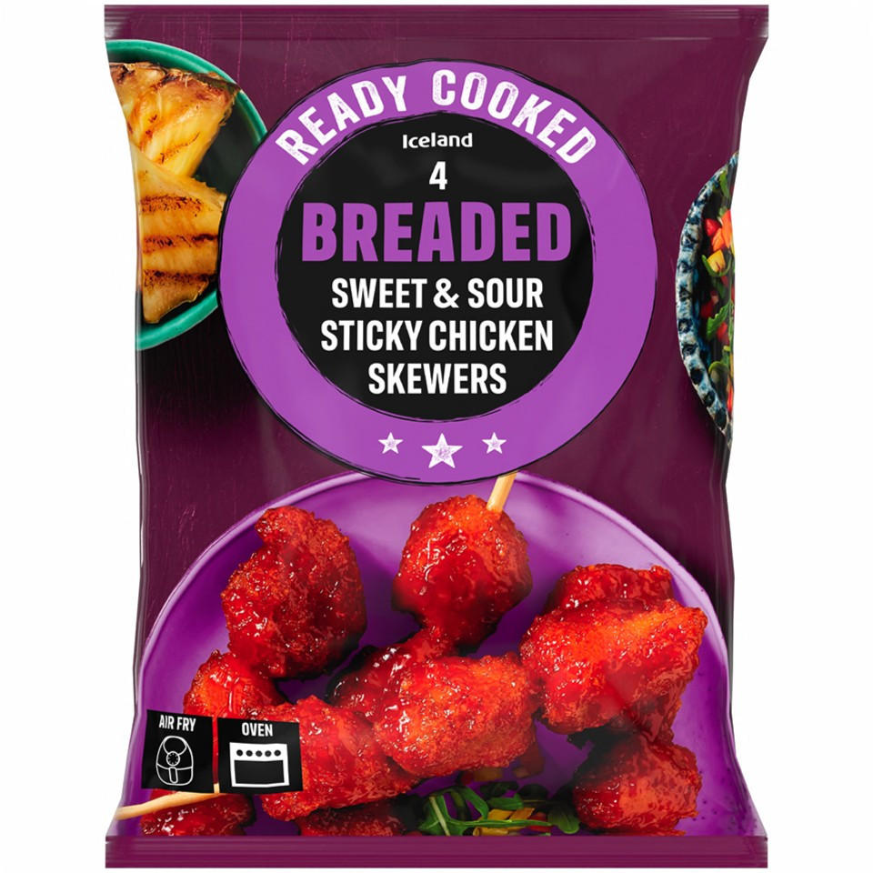 Iceland Ready Cooked 4 Breaded Sweet & Sour Sticky Chicken Skewers 340g