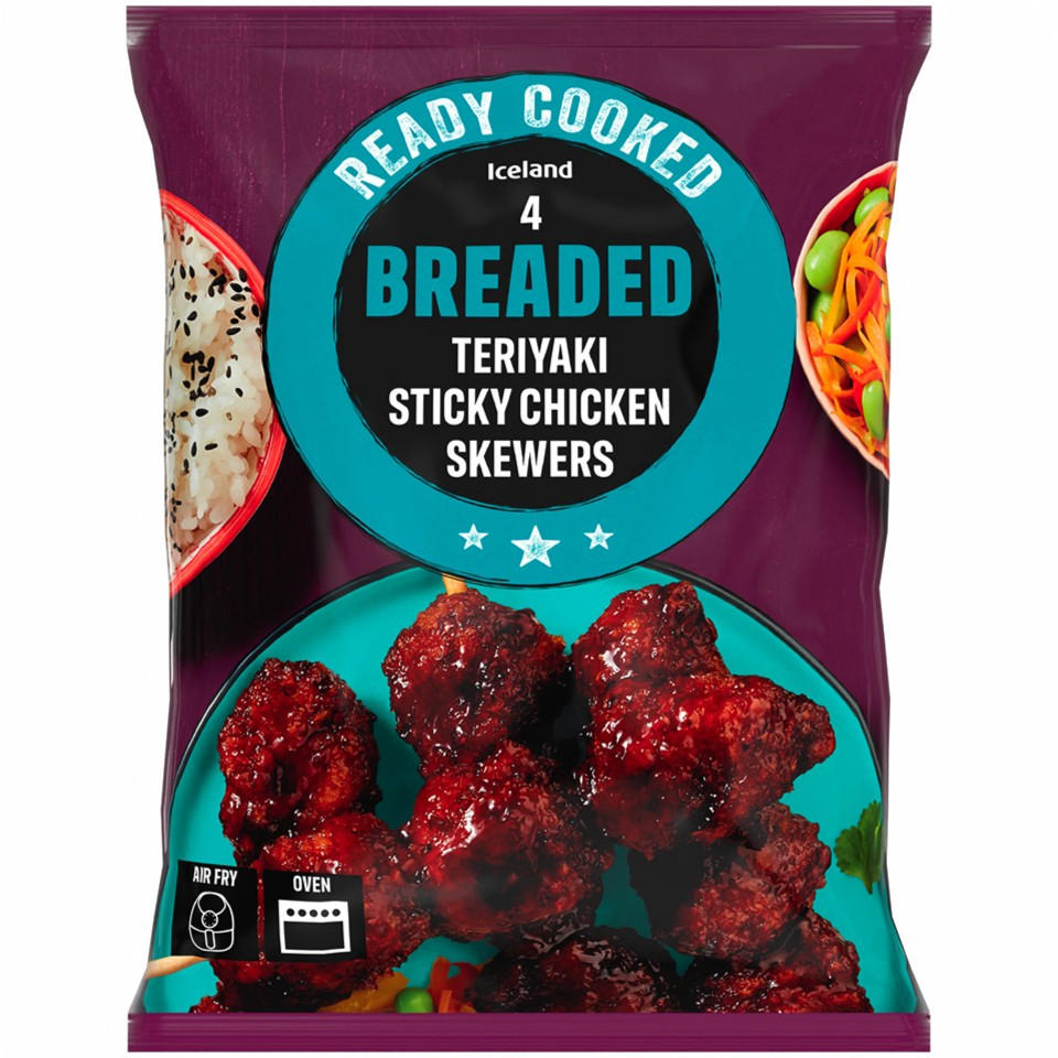 Iceland Ready Cooked 4 Breaded Teriyaki Sticky Chicken Skewers 340g