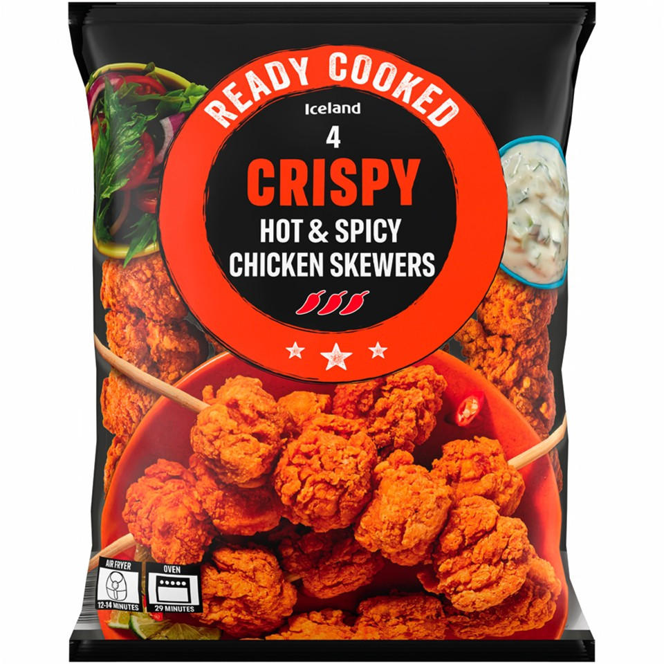 Iceland Ready Cooked 4 Crispy Hot & Spicy Chicken Skewers 400g