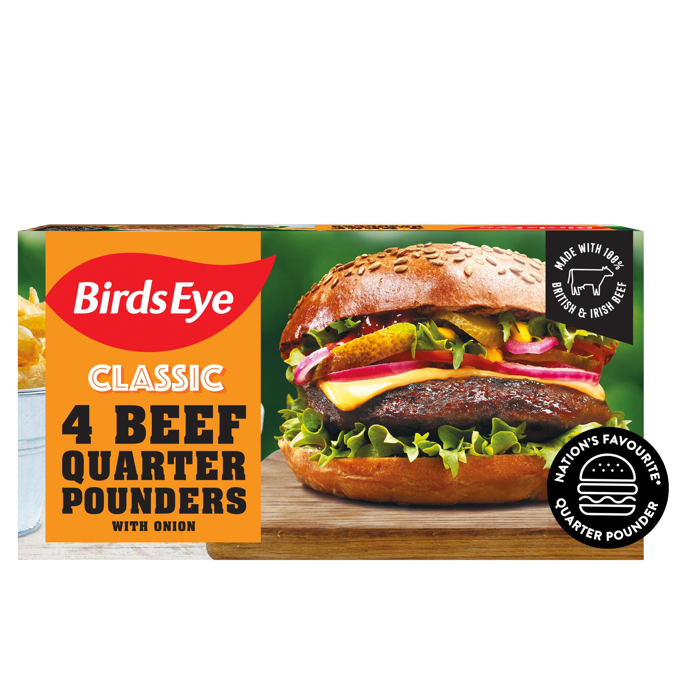 Birds Eye 4 Classic Beef Quarter Pounder Burgers with Onion 454g