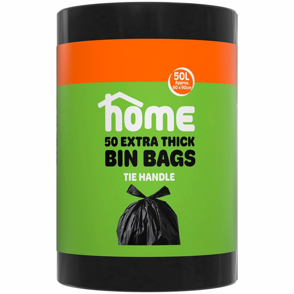 HOME 50pk Extra Thick Tie Handle Bin Bags 50L