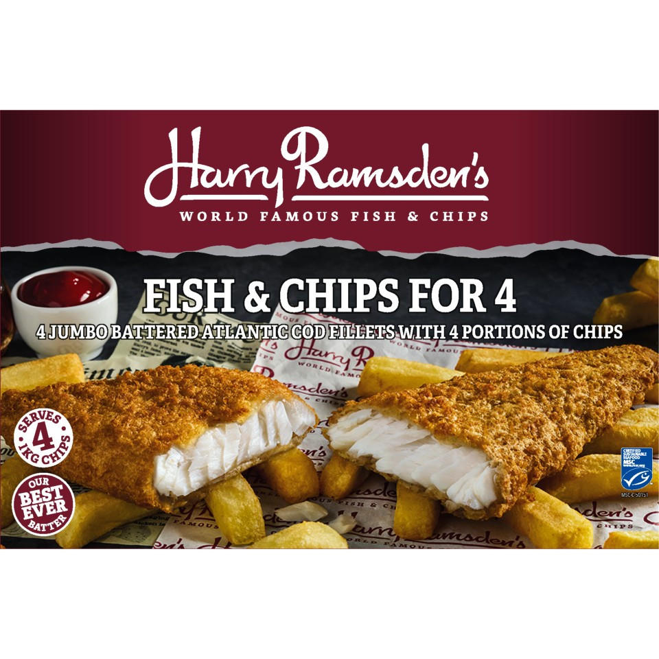 Harry Ramsdens 4 Jumbo fish Fillets and 1kg of Chips for 4