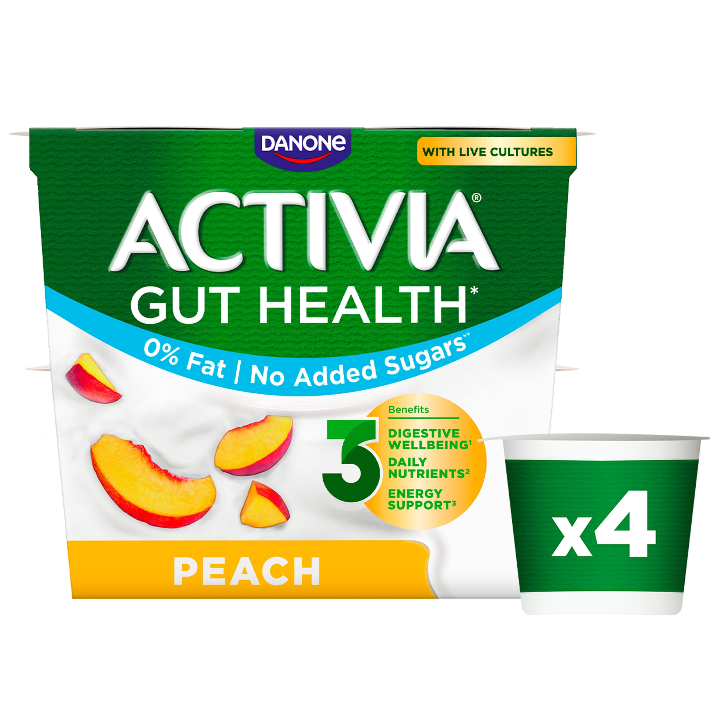 Activia Peach No Added Sugar Fat Free Gut Health Yoghurt Multipack 4x115g