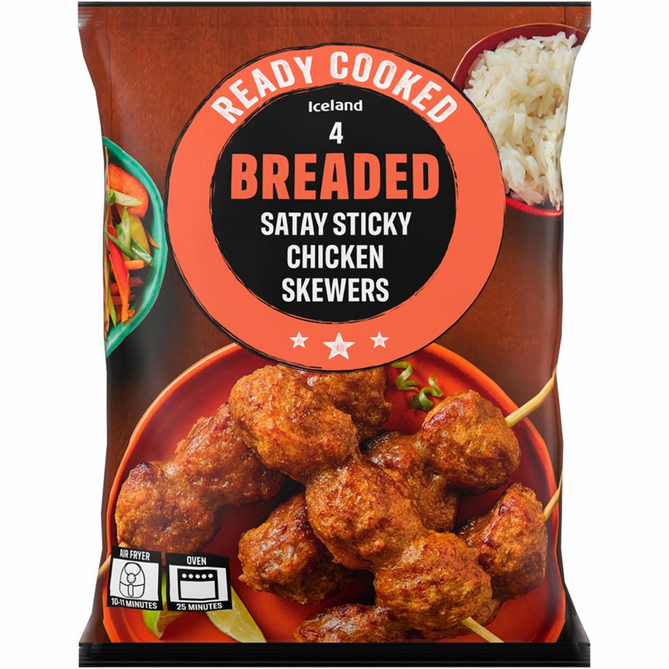 Iceland Ready Cooked 4 Breaded Satay Sticky Chicken Skewers 340g