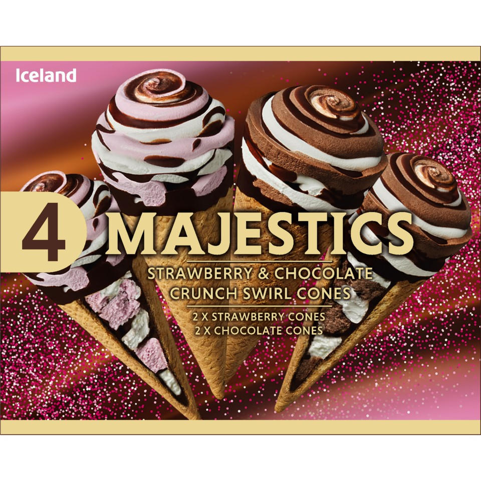 Iceland 4 Majestics Strawberry & Chocolate Crunch Swirl Cones 258g
