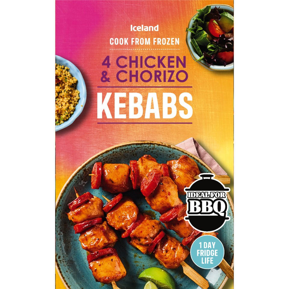 Iceland 4 Chicken & Chorizo Kebabs 300g