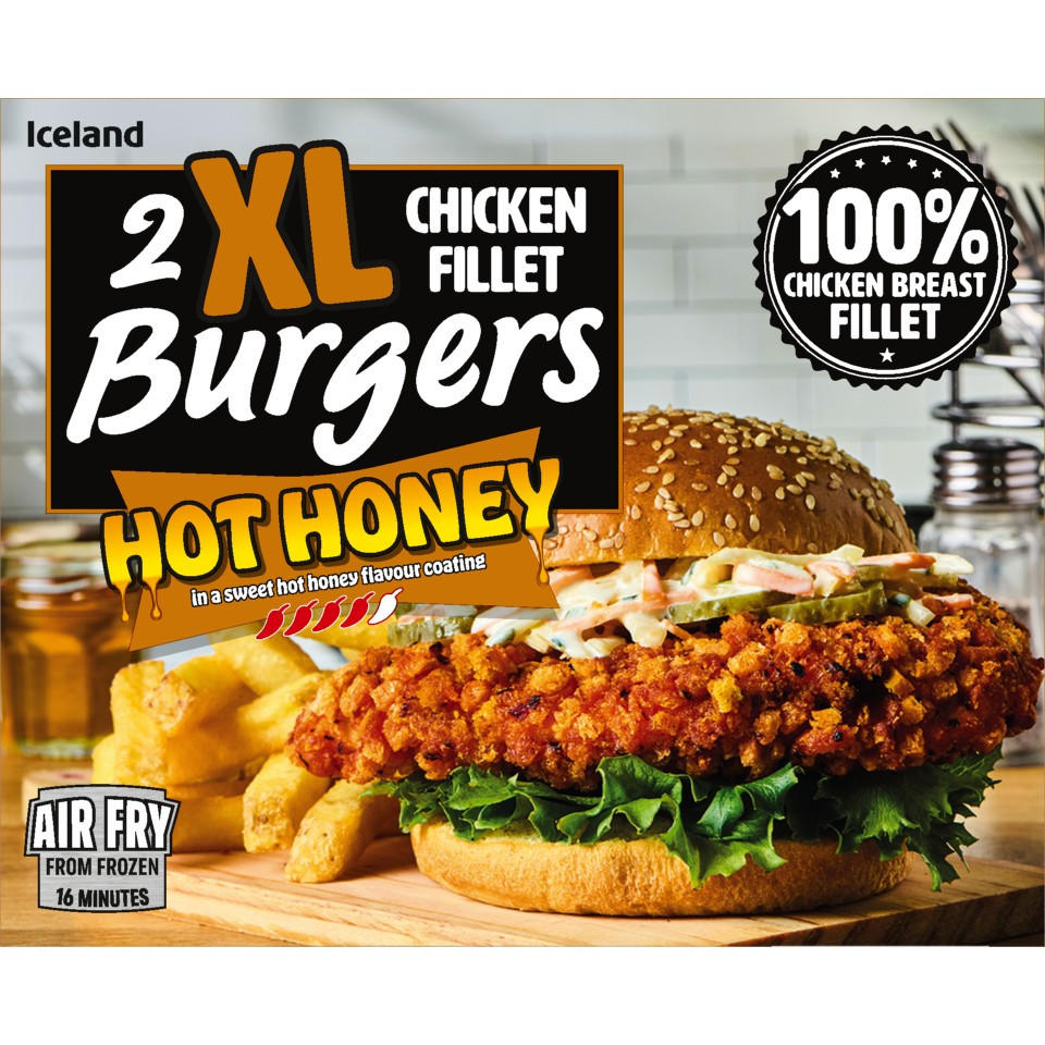 Iceland 2 XL Chicken Fillet Burgers Hot Honey 400g