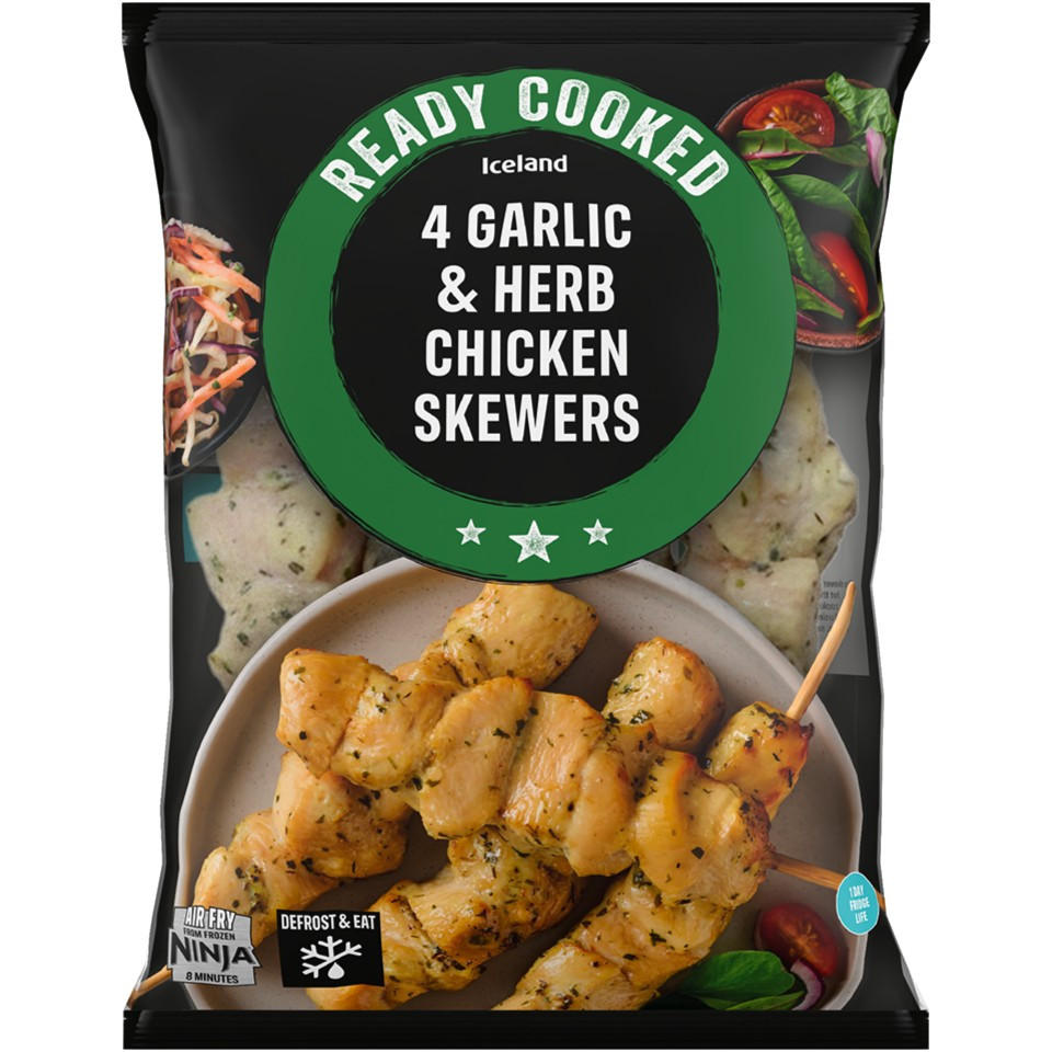 Iceland Ready Cooked 4 Garlic & Herb Chicken Skewers 340g