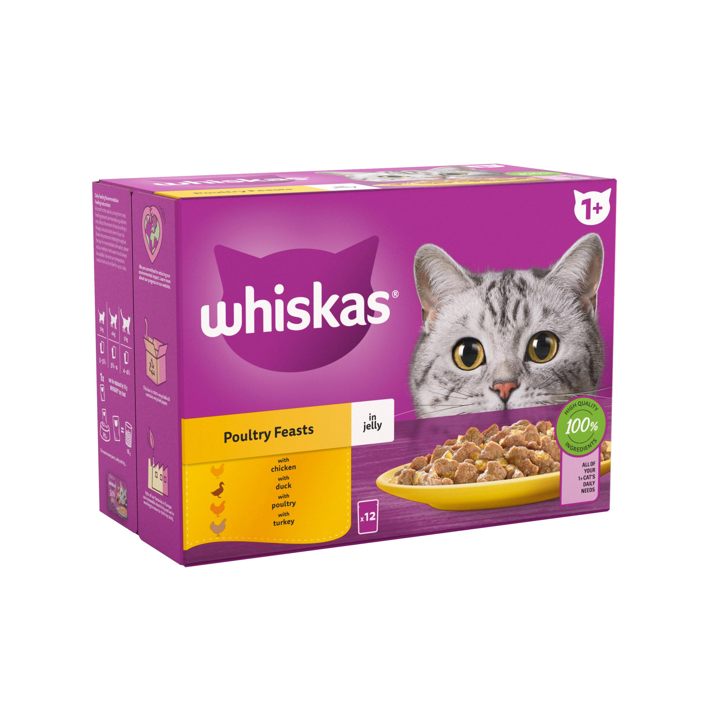 Whiskas 1+ Poultry Feasts Adult Wet Cat Food Pouches in Jelly 12 x 85g
