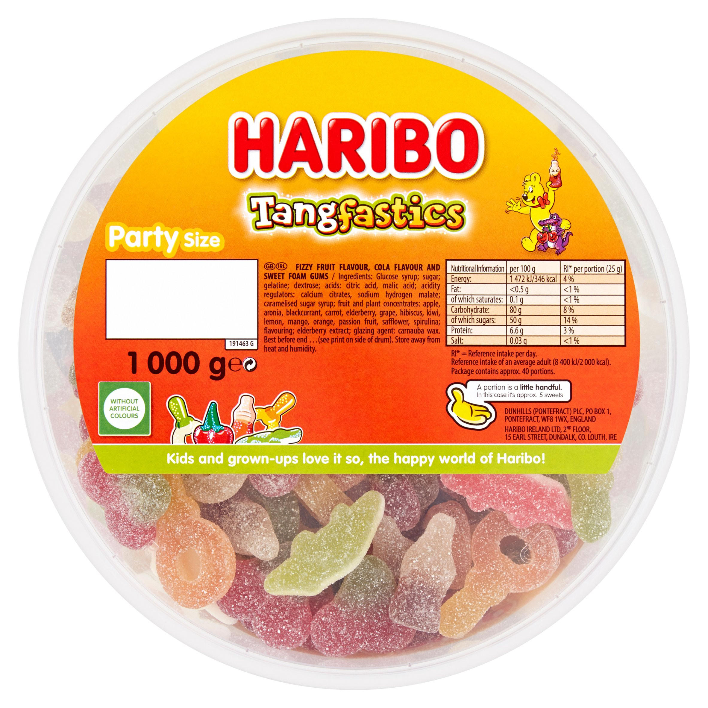 HARIBO Tangfastics Fruit & Cola Flavour Fizzy Jelly Sweets Tub 1kg