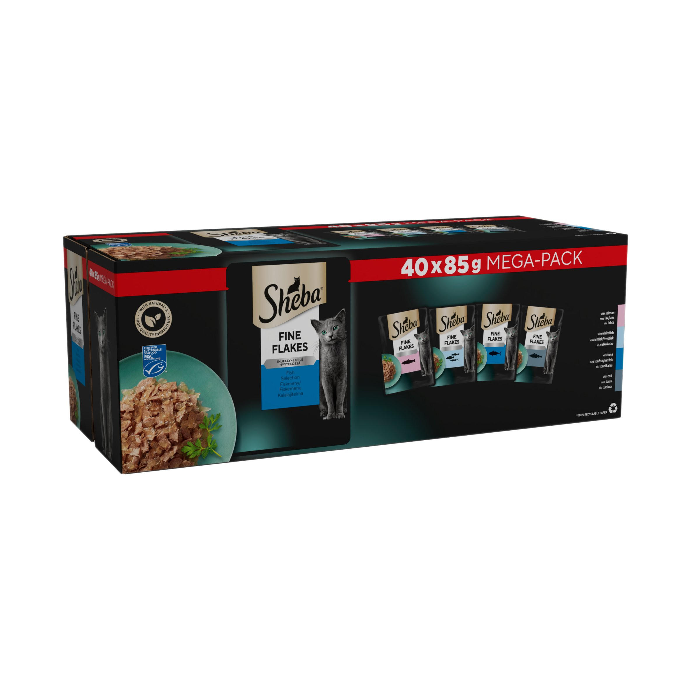 SHEBA® Fine Flakes Adult Wet Cat Food Fish Selection in Jelly 40 x 85g Pouch