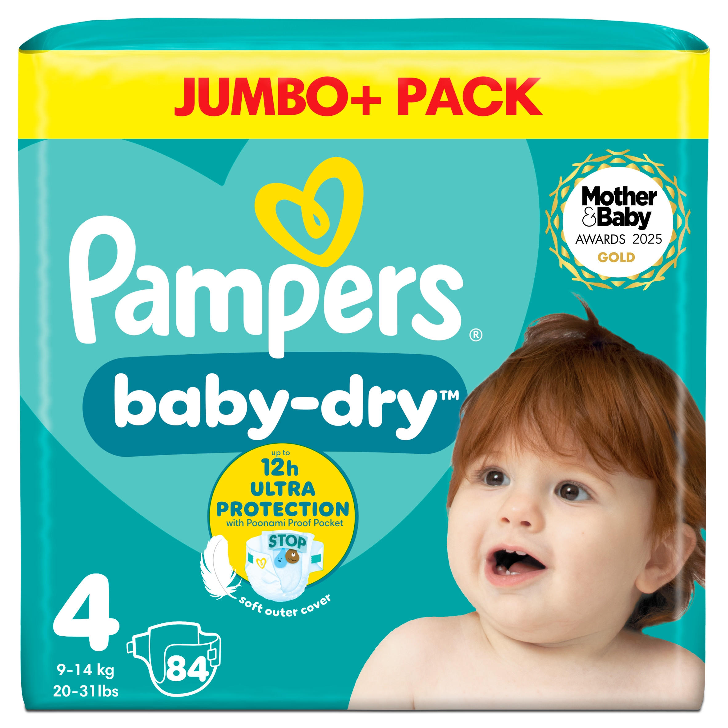 Pampers Baby-Dry Size 4, 84 Nappies, 9kg-14kg, Jumbo+ Pack