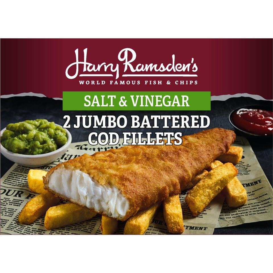 Harry Ramsden’s Salt & vinegar 2 Jumbo BatteredCod Fillets 400g