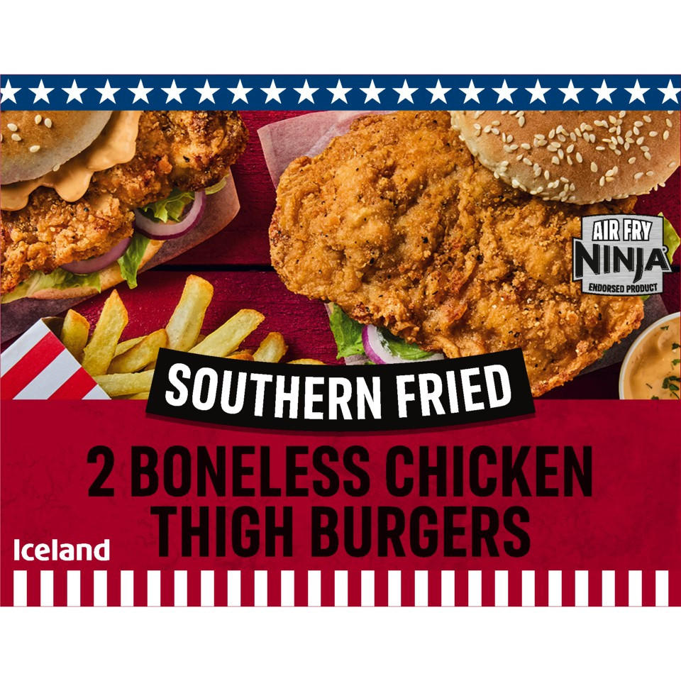 Iceland 2 Southern Fried Boneless Chicken Thigh Burgers 300g
