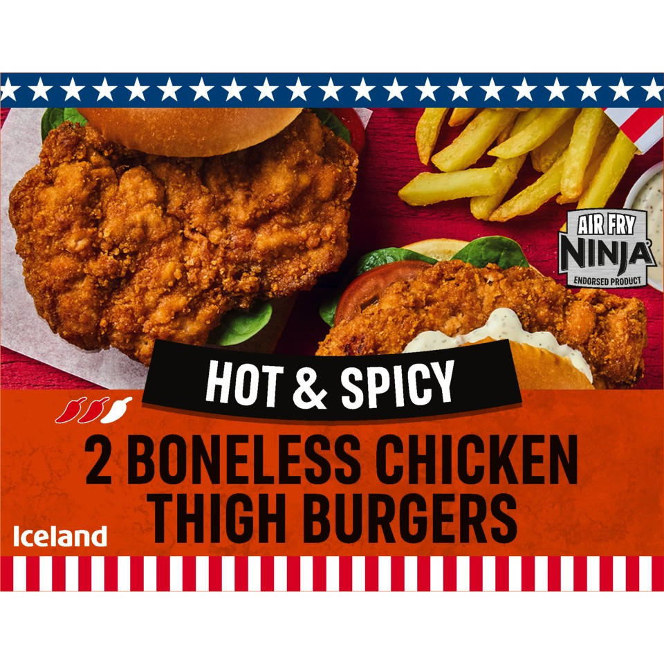 Iceland 2 Hot & Spicy Boneless Chicken Thigh Burgers 300g