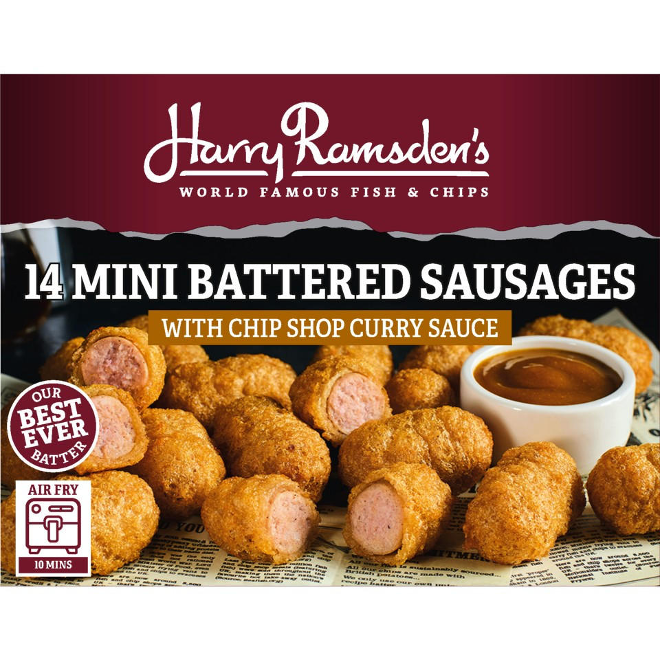 Harry Ramsden’s 14 (Approx.) Mini Battered Sausages With Chip Shop Curry Sauce 364g