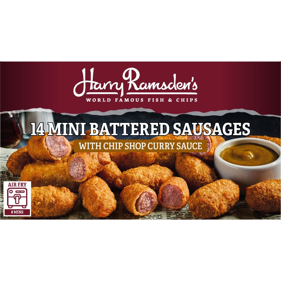 Harry Ramsdens 14 Mini Battered Sausages With Chip Shop Curry Sauce 364g