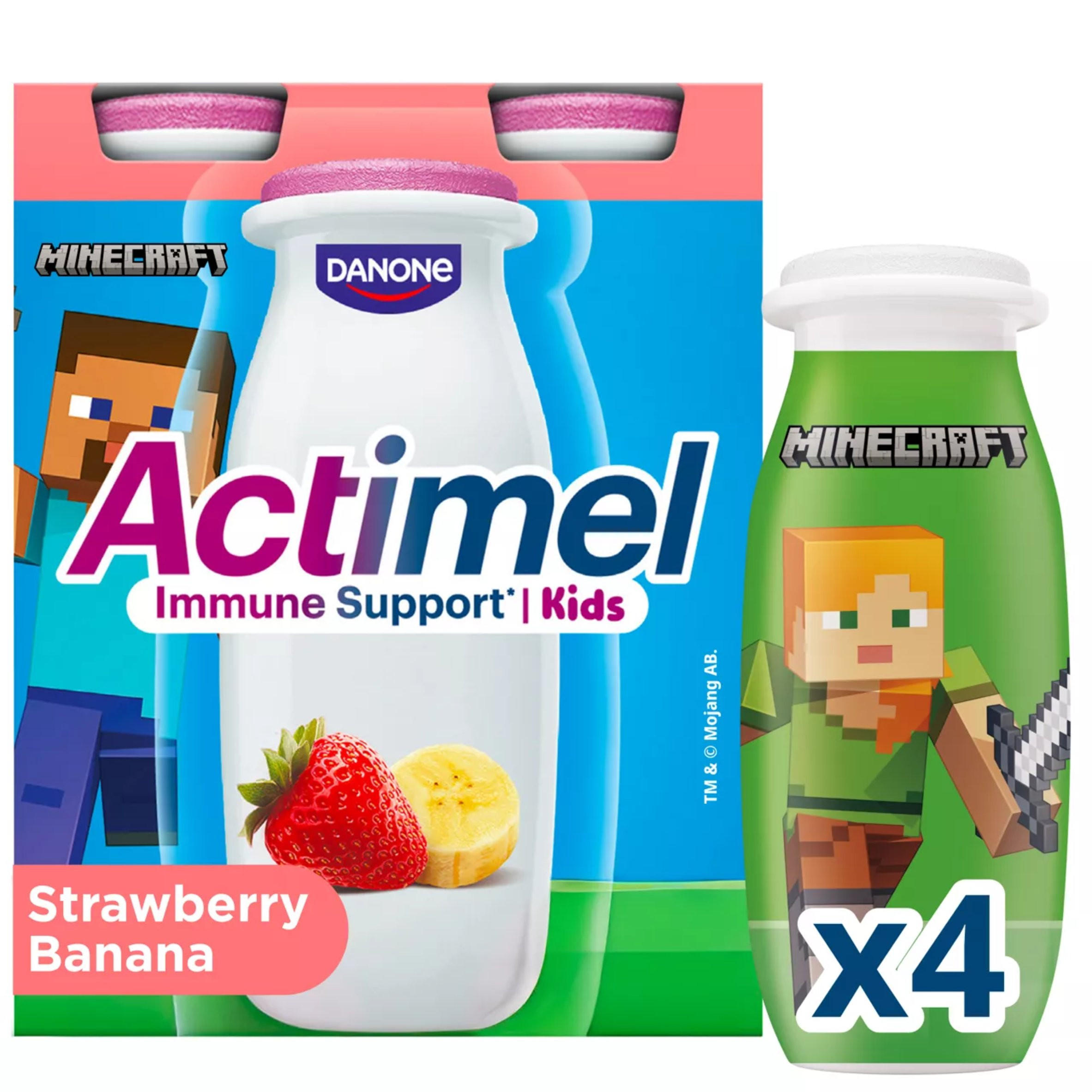 Actimel Kids Strawberry Banana Yoghurt Drink Lunchbox Snack 4x100g