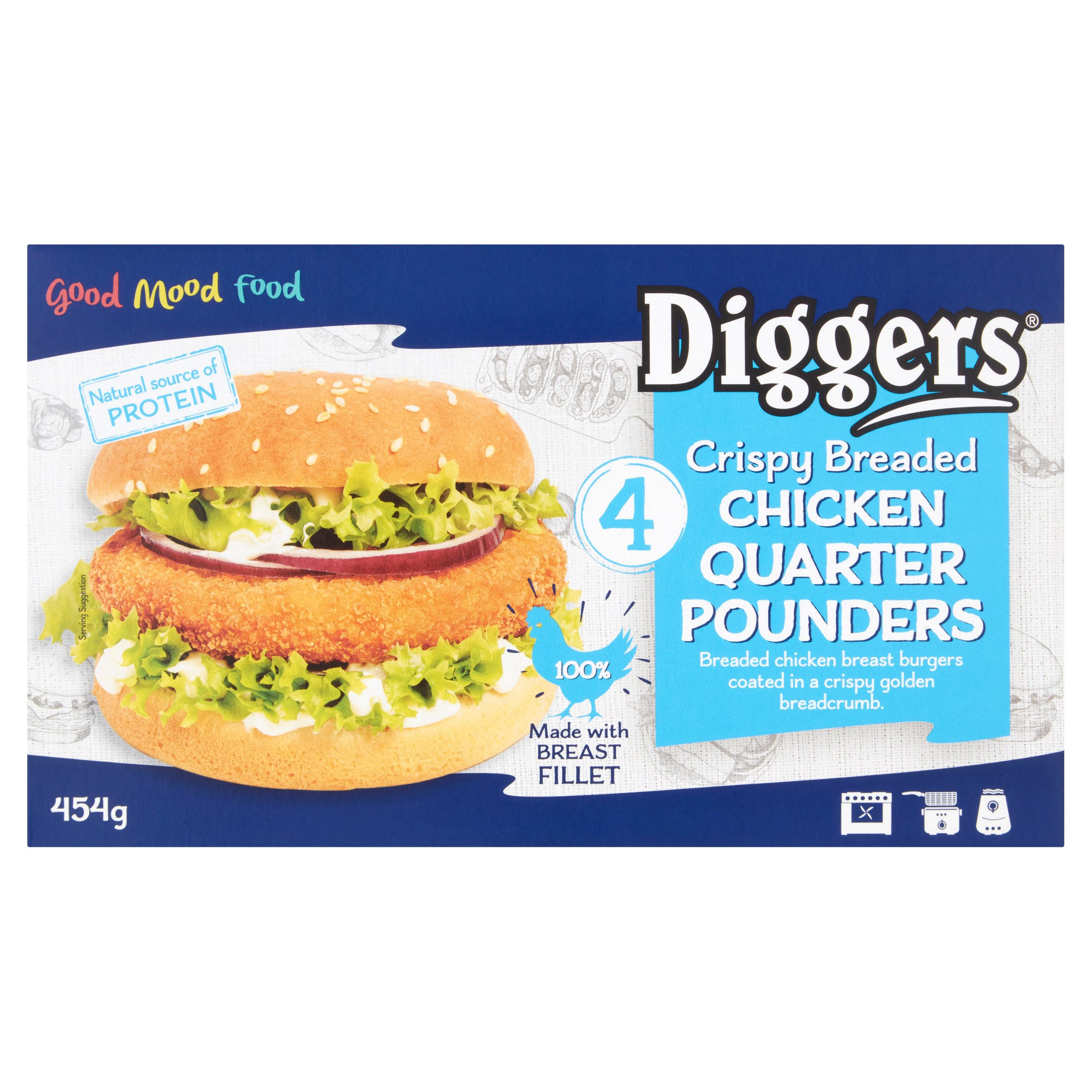 Diggers 4 Crispy Breaded Chicken Quarter Pounders 454g