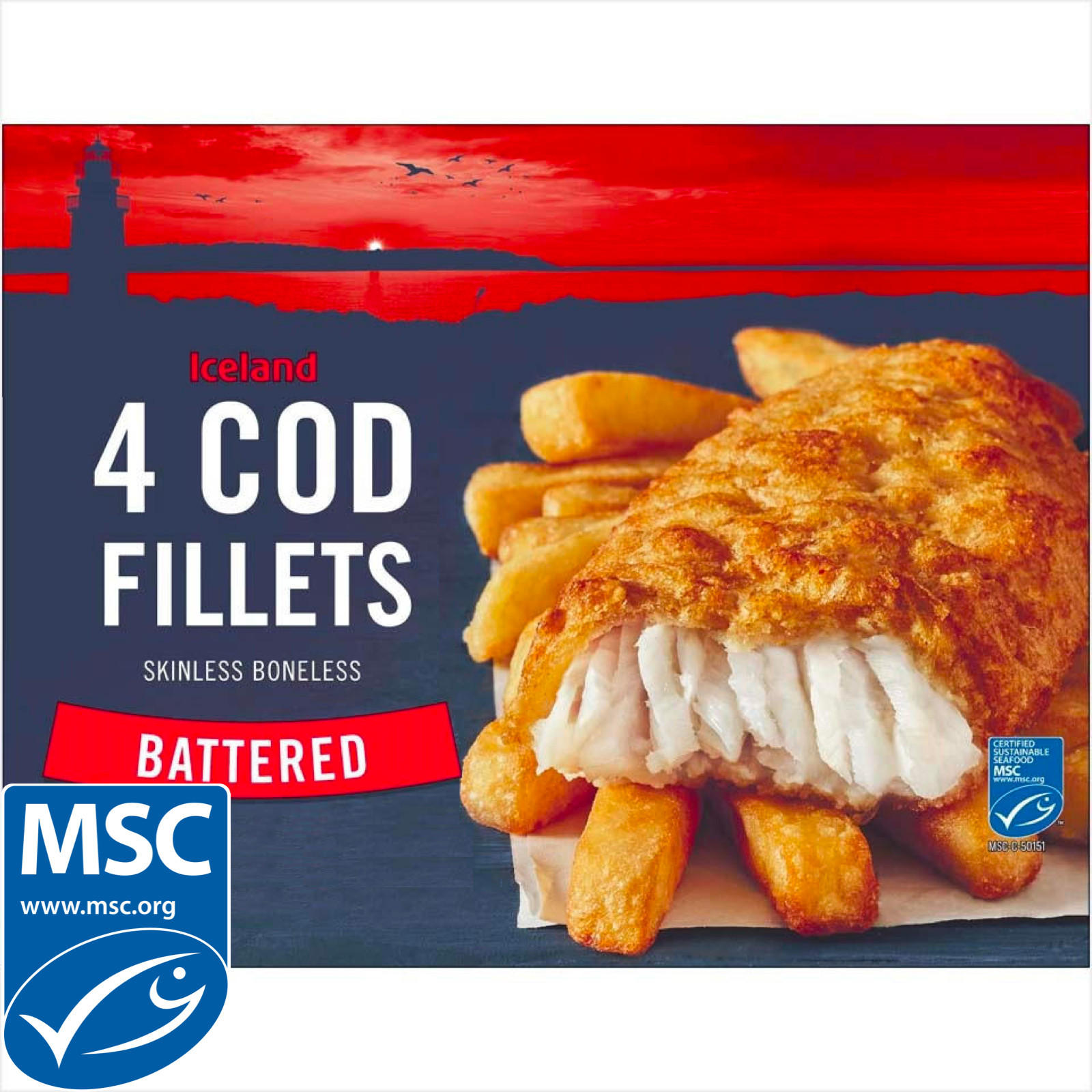 Iceland Battered 4 Cod Skinless Boneless Fillets 440g