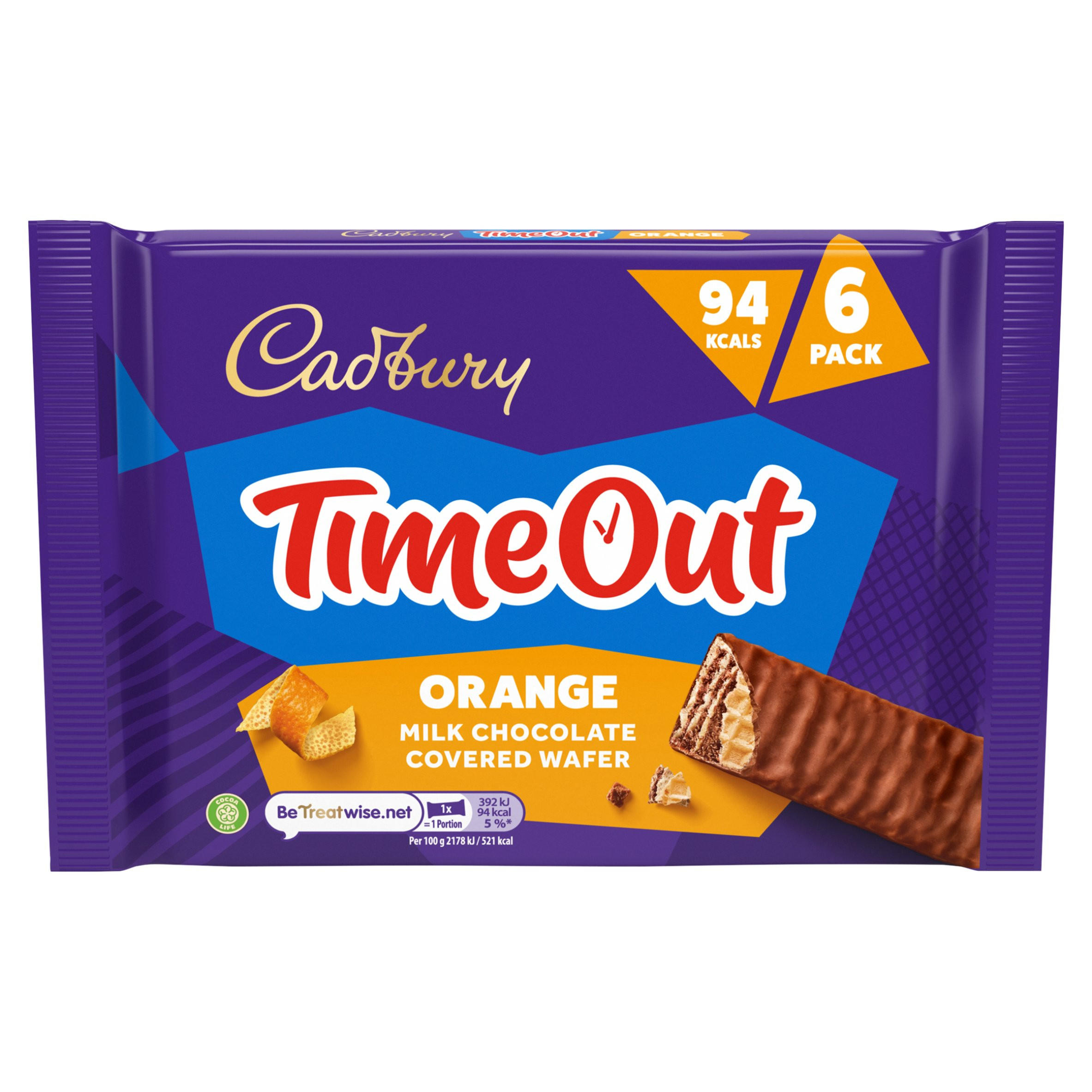 Cadbury Timeout Orange Milk Chocolate Covered Wafer (6 x 18g) 108 g